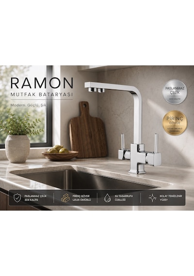 Sardıcı Ramon 3 Yollu Arıtmalı Mutfak Bataryası Pirinç Gövde  Krom
