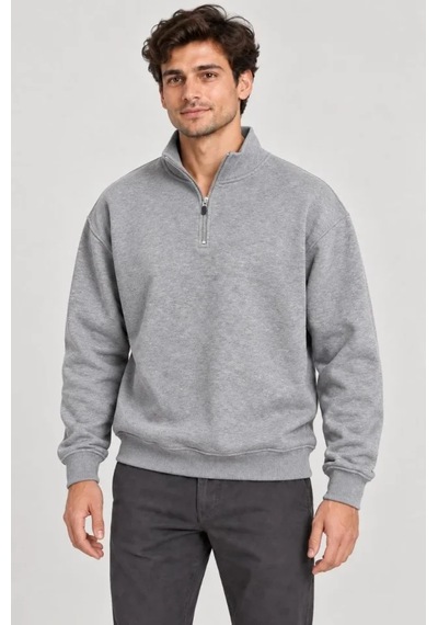 Butik İstanbul Erkek Üç İplik İçi Şardonlu Dik Yaka Yarım Fermuarlı Kışlık Sweatshirt - Gri
