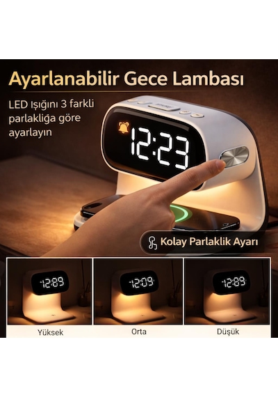 Coofbe 3ın1 15w Kablosuz Masaüstü Şarj Standı - Alarmlı Dijital Masa Saati- Ayarlanabilir Gece Lambası Beyaz