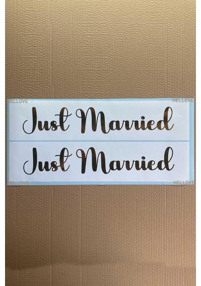 Gelin Arabası Plakalık Just Married Yazılı Beyaz Üzeri Gold Yazı Kendinden Yapışkanlı