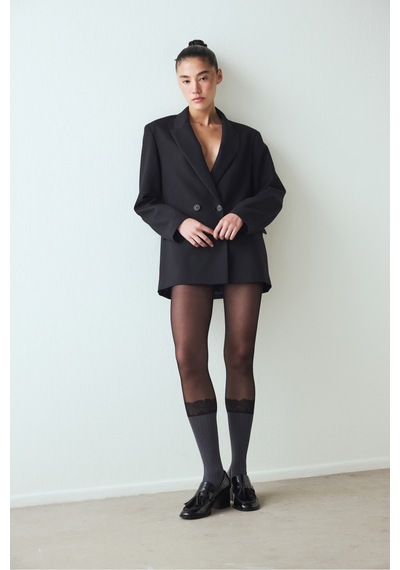 Penti Siyah Ribbed Lace Külotlu Çorap