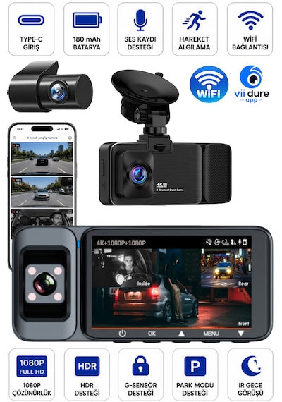 K02 Premium 3 Lens Araç İçi Kamera Wifi Gps 4k Ultra Hd Ön Arka İç Kamera Gece Görüşü Park Modu Dvr 31519350