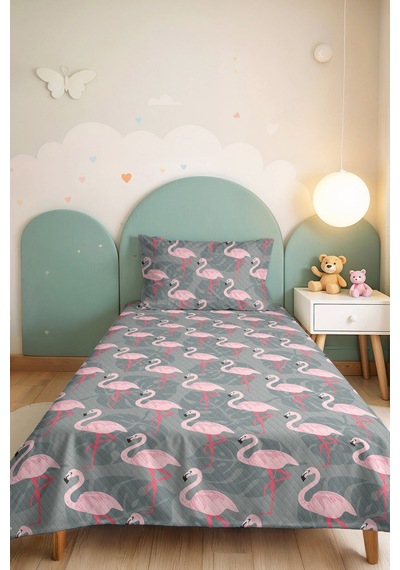 Flamingo Pembe Genç Odası Tek Kişilik Pike Takımı - Tropikal Gri 160x220 Cm Kapitone Yatak Örtüsü Haki