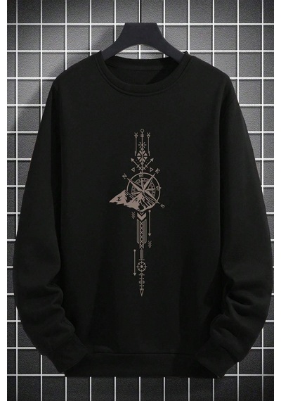 Uyguntarz Pusula Zaman Çizelge Baskılı Oversize Sweatshirt siyah