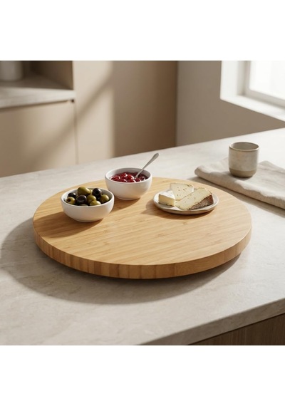 360 Dönerli Bambu Sunum Tablası, 30 Cm Çap, 2,2 Cm Kalınlık, Yuvarlak Servis Tepsisi, Doğal Bambu Rengi, Kahvaltı Ve Peynir Sunumu İçin, 1 Adet Çok Renkli