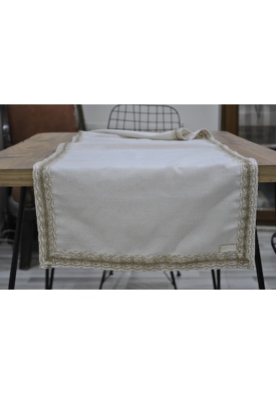 Dnc Home Tekstil Ndchome Özel Tasarım Organik Keten Krem Kum Rengi Dantelli Runner Masa Örtüsü 45 X 150 Krem