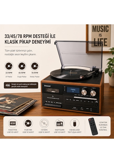 Dosound Tr-17s Ahşap Çok Fonksiyonlu Pikap Kaset Cd Usb Bluetooth Müzik Sistemi 1 Adet