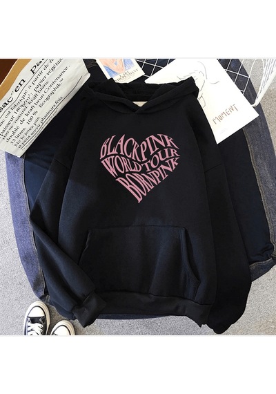 Black Pink Yazılı Kalp Kapşonlu Sweatshirt Siyah