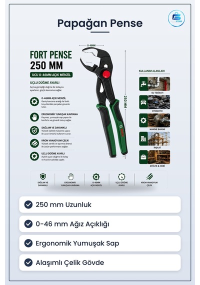 Papağan Pense 250 Mm 0 İle 46 Açıklık Ergonomik Yumuşak Sap Krom