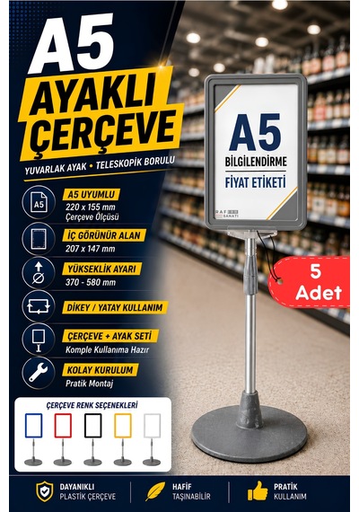 5 Adet - A5 Ayaklı Menü Ve Fiyat Bilgi Standı Yuvarlak Tabanlı Teleskopik Çerçeve Etiketlik Gri