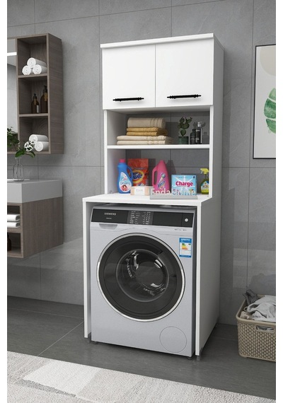 Enda Home Çamaşır Makinesi Dolabı 3 Raflı Kapaklı Banyo Dolabı Beyaz