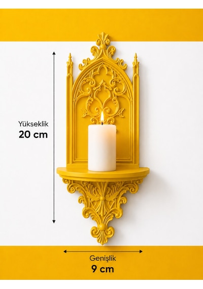 Gotik Katedral Duvar Şamdanlığı Dekoratif Mumluk Duvara Monte Gotik Duvar Dekoru 20x9 Cm Sarı