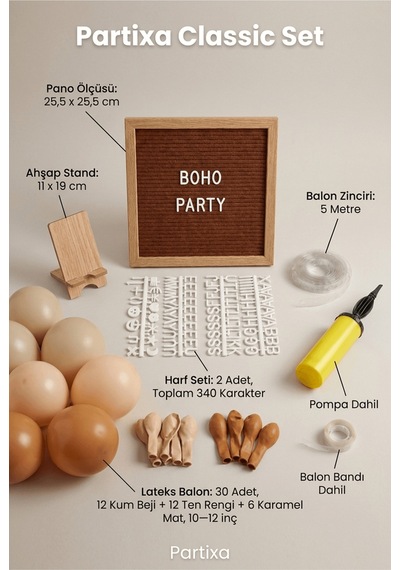 Boho Toprak Tonları Süsleme Classic Set Kahve Keçe Yazı Panosu Standlı Pompa Balon Zincirli Tüm Yaşlar