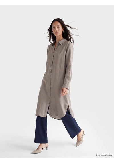 Lcw Everyday Gri Oversize %100 Keten Kadın Gömlek Tunik