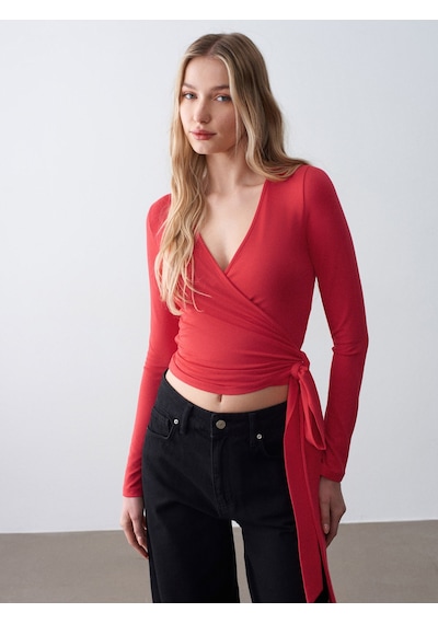 Dilvin 32645 Uzun Kollu Kruvaze Top-kırmızı