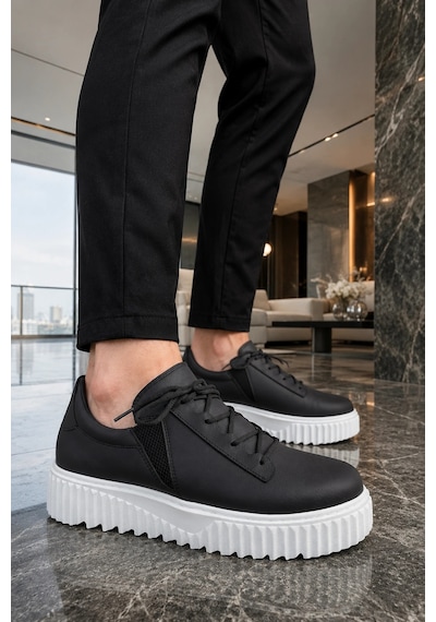 Mevese Dlob Erkek Bağcıklı Cilt Günlük Casual Spor Sneaker Ayakkabı - Siyah Beyaz