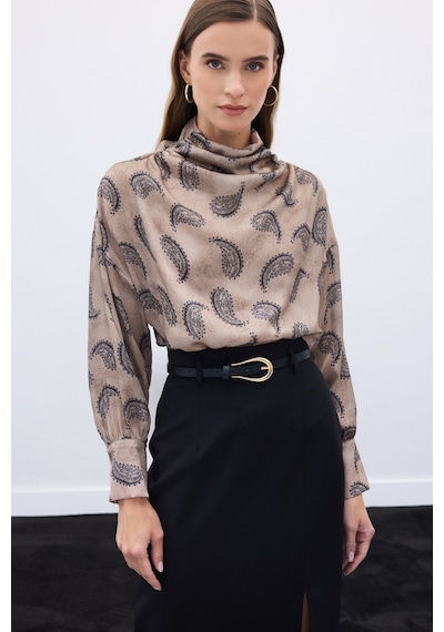 Sateen Degaje Yaka Desenli Bluz - Vizon-136574 Vizon