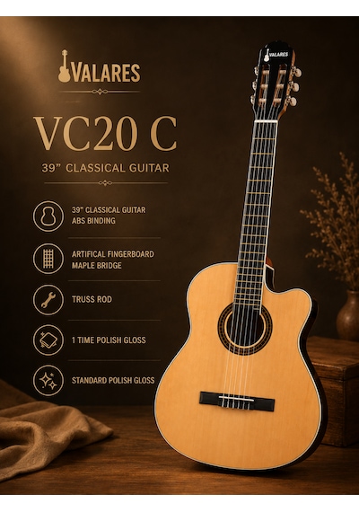 Valares Vc20cn Kesik Kasa Klasik Gitar Natürel 38 İnç 4/4 Yetişkin Üst Segment Çanta Capo Askı Pena Tuner