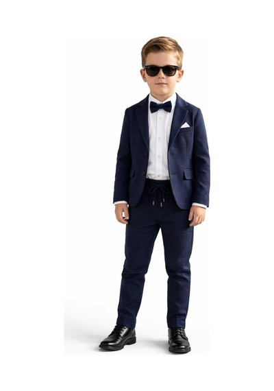 Baby Kids Colors Erkek Çocuk Flamlı Keten Salaş Ceketli Takım Elbise / Gömlek Pantolon Ceket Papyon Keten Takım Lacivert