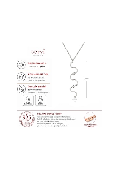 Servi 925 Ayar Gümüş Zirkon Taşlı Dalga Formlu Uzun Kolye-444