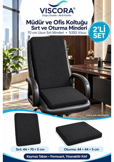 Müdür Ve Ofis Koltuğu Minderi 2 Li Set %100 Visco Uzun Sırt Ve Oturma Desteği Siyah