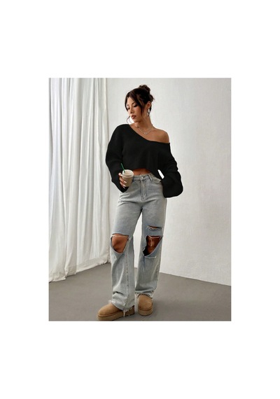 Nimas Kadın Oversize V Yaka Triko Crop Kazak Siyah - 660238521 Siyah