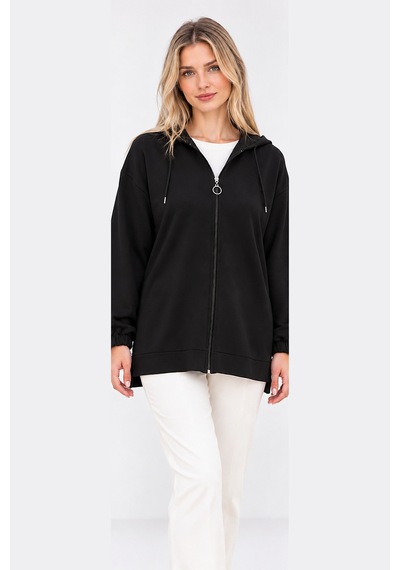 Fiolin Kristal 2 İplik Salaş Fermuarlı Sweatshirt siyah