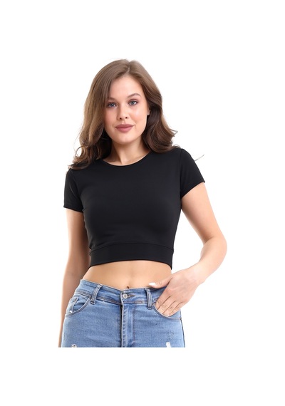 Winmoda34 Kadın Dalgıç Kumaş Crop Büstiyer Siyah Bisiklet Yaka siyah