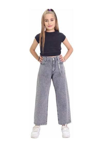 Gzt Tekstil Kız C Ocuk Pantolon Metalik Zincir Detaylı Bol Paça Kız Çocuk Kot Pantolon 6-15 Yaş Denim