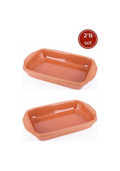 Elizi Çömlekleri 2 Li Dikdörtgen Sırlı Fırın Tepsisi, Toprak Güveç Fırın Kabı Seti Sırlı 25x15cm Toprak
