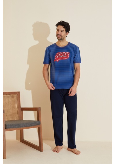 Siyah İnci Bisiklet Yaka Baskılı Örme Pijama Takım 25109829 Lacivert