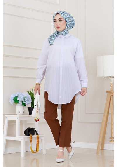 Sevitli Göğüsü Taş Detaylı Oversize Tunik-beyaz-5229 Beyaz