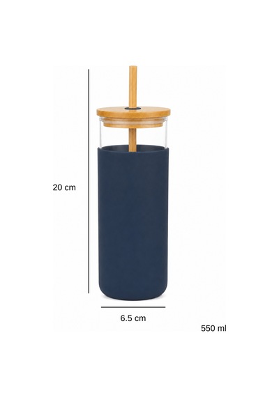 Bambu Pipetli Cam Bardak 550 Ml Silikon Kılıflı Kahve Bubble Tea Ve Su Şişesi - Mavi