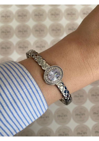 Pinery Jewels İri Taşlı Gümüş Modern Paslanmaz Çelik Kelepçe Bileklik Günlük Ve Altın