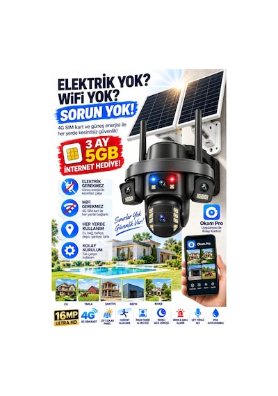 Premium 16mp 4g Solar Güvenlik Kamerası Çift Panel Ptz İnsan Takip Renkli Gece Görüş Ip66 Okam Pro