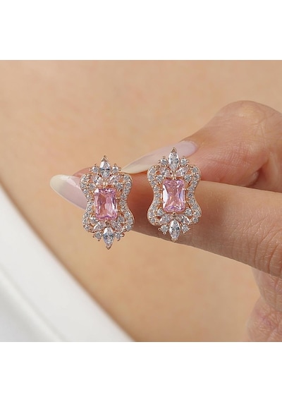 Pink Taşlı Işıltı Klasiği Rose Renk Vintage Gümüş Küpe