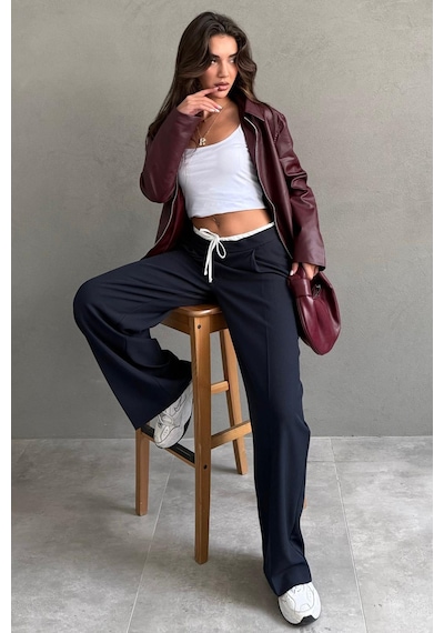 Madmext Lacivert Çift Bel Bantlı Wide Leg Kadın Pantolon Mg2551 Lacivert
