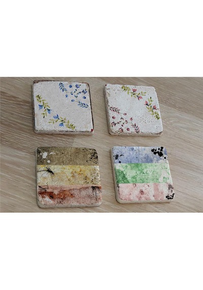 Çiçekli Desenler Doğal Taş Bardak Altlığı 4'lü Set - Natural Stone Coasters-174252 Çok Renkli