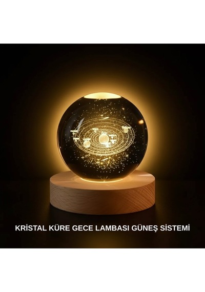 Ahşap Standlı Led Kristal Küre Lazer İşlemeli Dekoratif Obje -