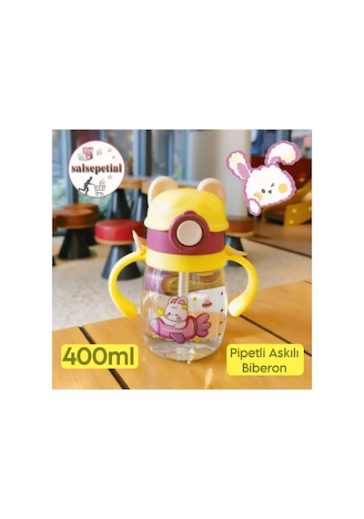 400ml Tavşan Figürlü Pipeti Suluk Bebek Matara Askılı Sevimli Su Şişesi Bebek Pipetli Biberon Matara Pembe