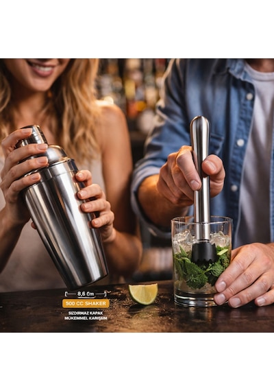 Perlotus Premium Kokteyl Seti 4 Parça Paslanmaz Çelik Bar Miksoloji Seti 500 Cc Shaker Jigger Mojito Tokmağı Burgulu Karıştırma Kaşığı