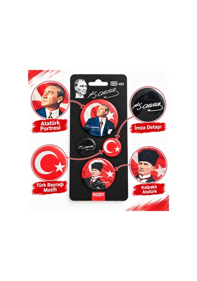 Bakgelal Atatürk 4'lü Rozet Seti Mavi Portre, Türk Bayrağı Ve İmza Tasarımlı - Bgaalk040002 Açık Mavi