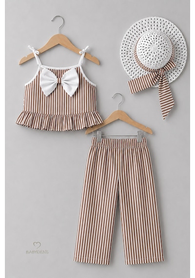 Babyden's Kız Bebek Şapkalı Yazlık Takım 3'lü Doğum Günü Kıyafeti Çizgili Fırfırlı Bluz Pantolon Kombini 9-36 Ay Kahverengi