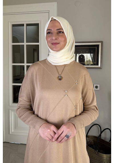 Rabia Şamlı Melda Triko Tunik Bej Çok Renkli