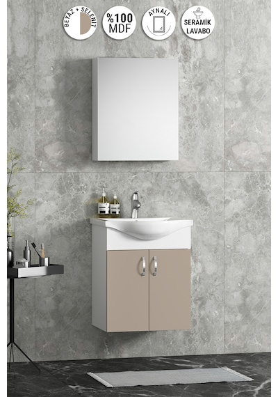 Yıldız 50 Cm Beyaz-selenit Mdf Seramik Lavabolu Asma Banyo Dolabı Takımı