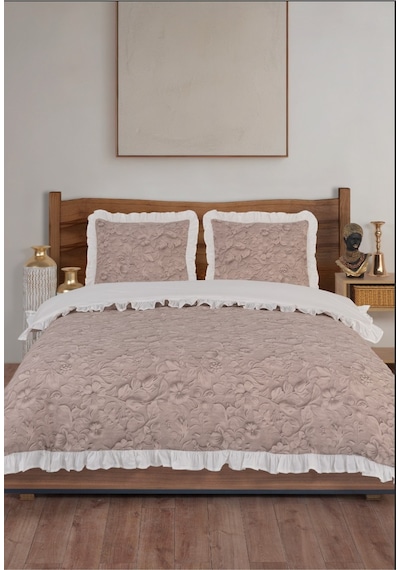 Uçkan Home %100 Pamuk Fırfırlı Çift Kişilik Nevresim Seti Bej Bej --UH-00027