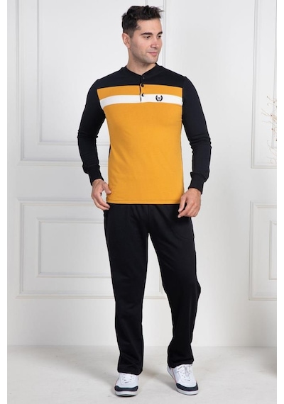 Mecit Pijama Mecit 2763 Erkek Sarı-siyah Pamuklu Büyük Beden Pijama Takımı Sarı