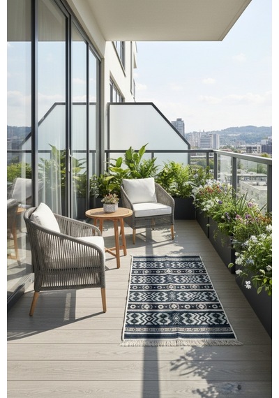 Minimal Lacivert Modern Desen Çift Taraflı Makinede Yıkanabilir Ev İçi & Dış Mekan Uyumlu Kilim Renkli