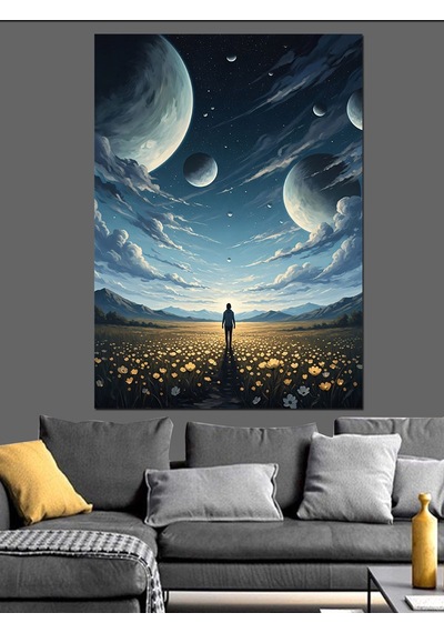 Uzayda Yol Alan Küçük Astronot Dekoratif Kanvas - Mdf Ahşap Tablo