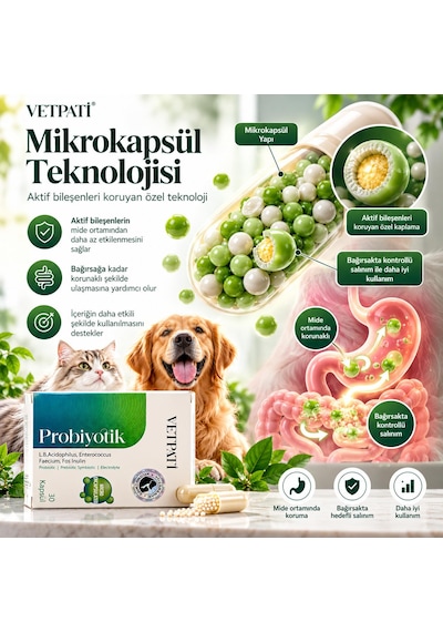 Vetpati Probiyotik Kedi Ve Köpekler İçin Probiyotik Prebiyotik Sinbiyotik Takviye 30 Kapsül